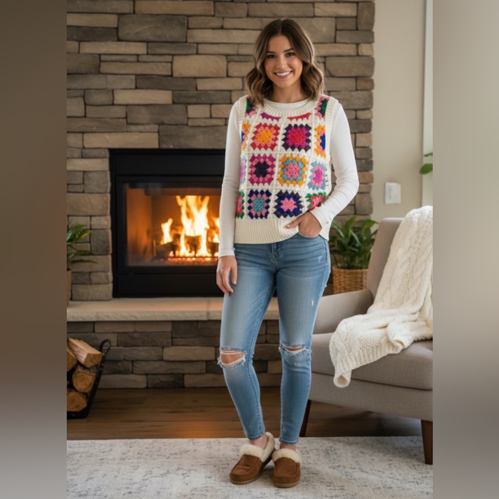 See And Be Seen Granny Square Vest | Size: M |  Color: Ivory n Multi